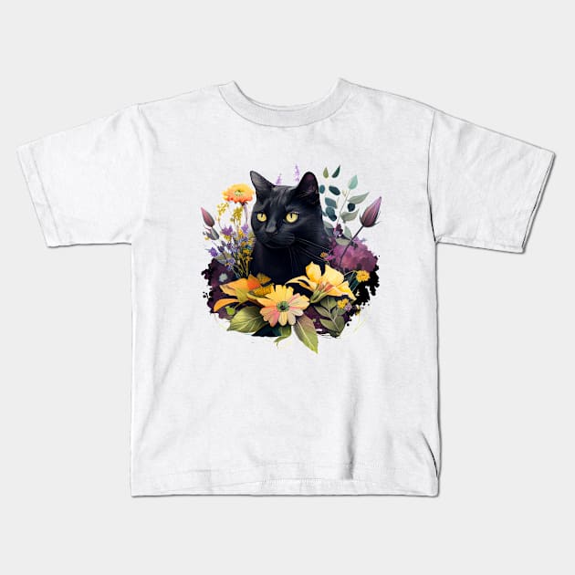 Black Cat Floral Kids T-Shirt by Mixtgifts